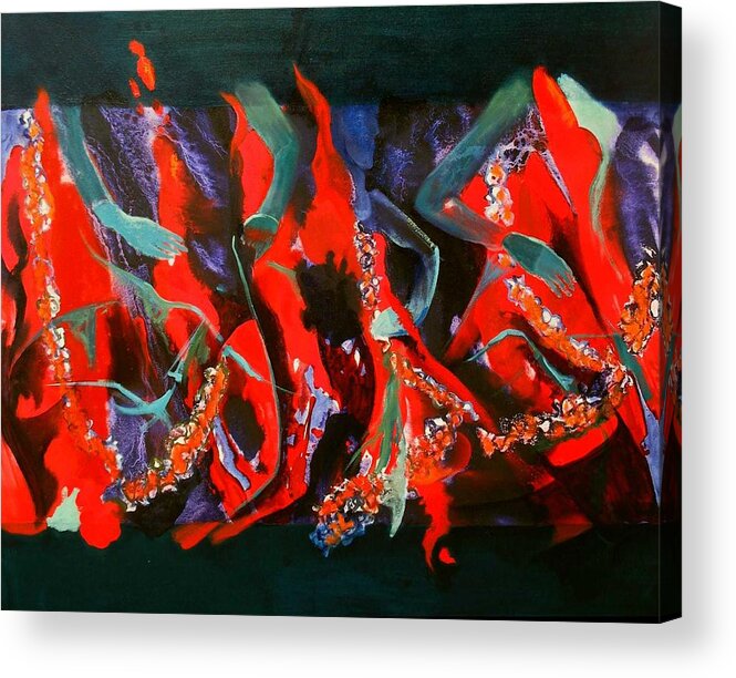 Red Dresses Dance Dancing Movement Irish Ghostly Dans Acrylic Print featuring the painting Dancing flames by Georg Douglas