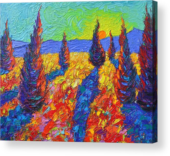 Trees Acrylic Print featuring the painting Dancing Trees Sunrise Abstract Landscape Impressionist Palette Knife Painting By Ana Maria Edulescu by Ana Maria Edulescu