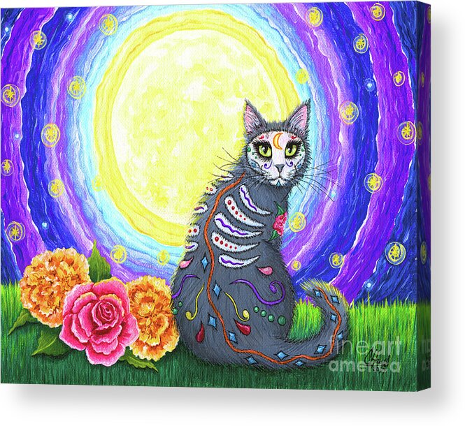 Dia De Los Muertos Gato Acrylic Print featuring the painting Day of the Dead Cat Moon - Dia de los Muertos Gato by Carrie Hawks
