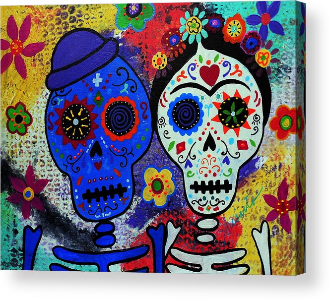 Diego Acrylic Print featuring the painting Diego Rivera And Frida Kahlo Dia De Los Muertos by Pristine Cartera Turkus
