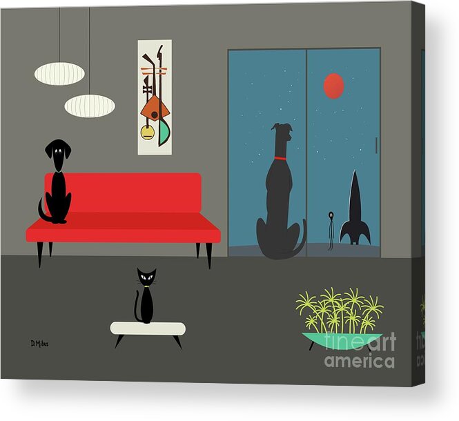 Mid Century Modern Acrylic Print featuring the digital art Dog Spies Alien Gray Room by Donna Mibus