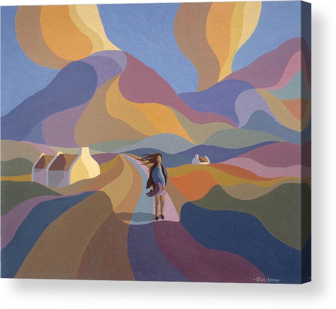 Paintings Acrylic Print featuring the painting Dreamscape with girl and cottage by Alan Kenny