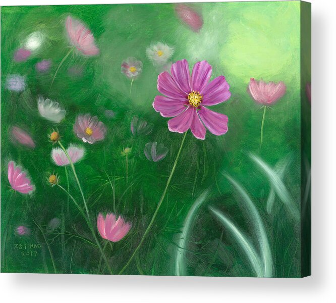 Cosmos Acrylic Print featuring the painting Cosmos Flowers by Helian Cornwell