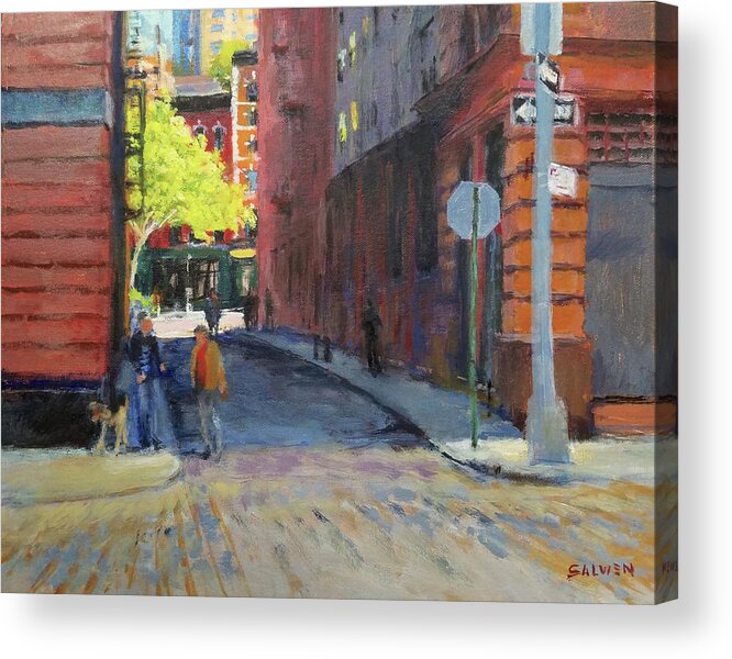 Landscape Acrylic Print featuring the painting Duane Park from Staple Street by Peter Salwen