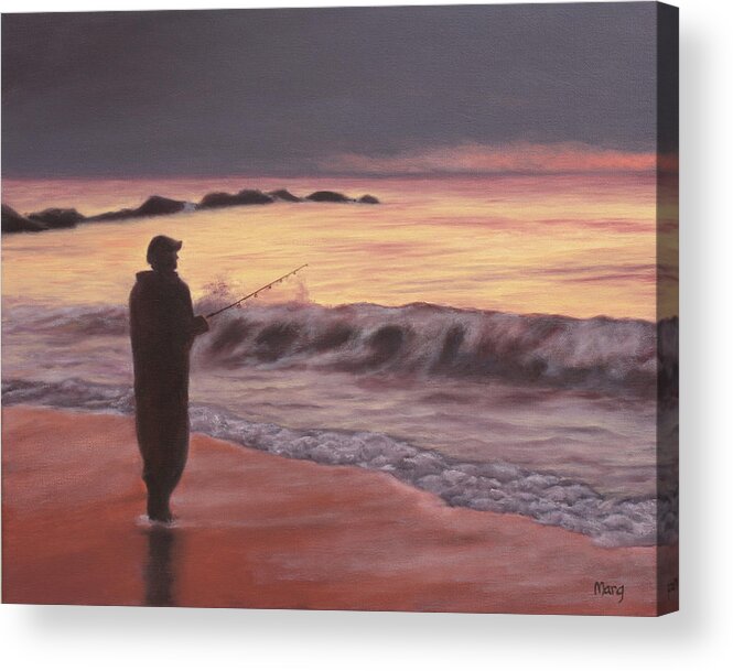 Fishing; Fisherman; Ocean; Sunrise; Sand; Serenity; Contemplation; Water Acrylic Print featuring the painting Early Morning Solace by Marg Wolf