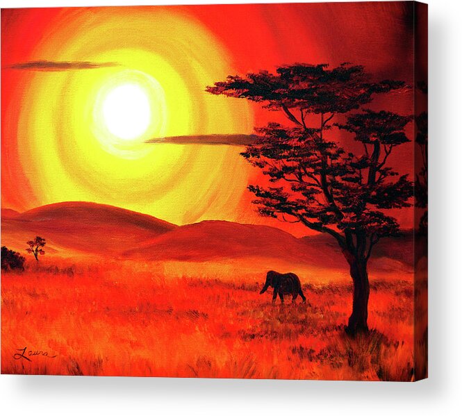 Africa Acrylic Print featuring the painting Elephant in a Bright Sunset by Laura Iverson