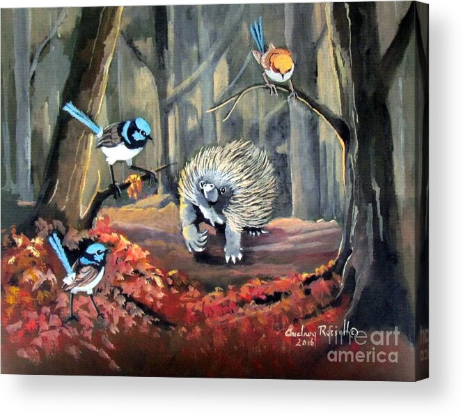 Fairy Wrens. Echidna. Wrens Acrylic Print featuring the painting Fairy Wrens with an Echidna by Audrey Russill