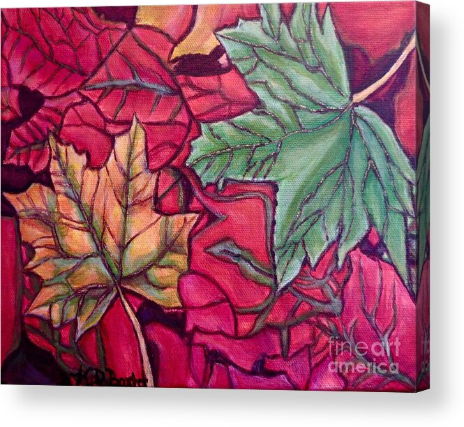 Nature Scene Collage Of Falling Fallen Leaves Gold Yellow Crimson Purple Eggplant Coral Orange Hot Pink Magenta Hunter Green Maple Leaves Underside Of Leaves Acrylic Painting Acrylic Print featuring the painting Falling Leaves Two Painting by Kimberlee Baxter