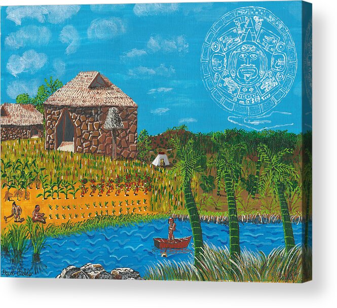 Aztec Acrylic Print featuring the painting February Mayan Farm by Paul Fields