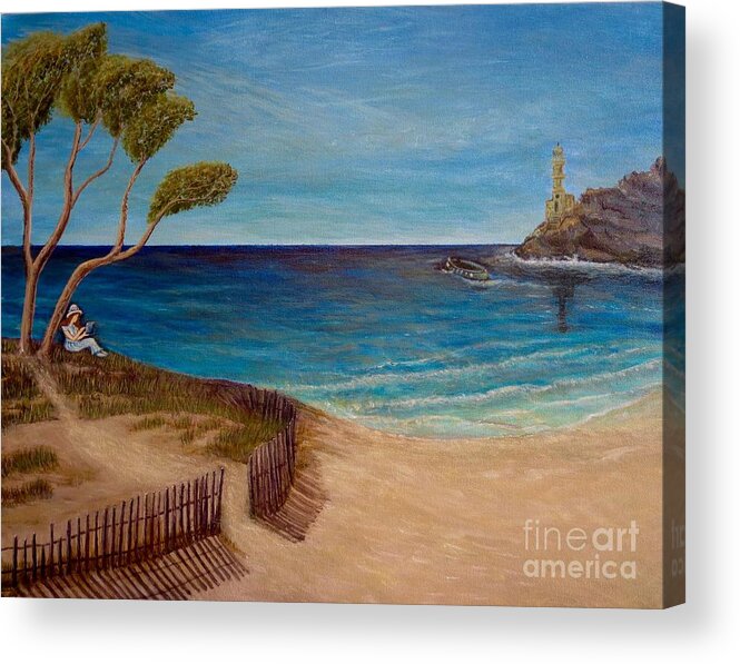 Ocean Sea Scene In The Mediterranean Sea Cobalt Blue And Turquoise Blue Water Translucent Waves Lapping Over Beach Area And Sand Old Weathered Wooden Fence With Opening And Trail Leading Up To A Small Hill With Mediterranean Pine Tree As A Shade Tree Young Woman In A Soft Blue Flowing Dress Sitting On Green And Brown Grass Reading A Classic Book Of Literature Enjoying The Scenery Mediterranean Looking Boat And Lighthouse Built On Rock In The Distance Ocean Sea Scenes Acrylic Print featuring the painting Finding My Special Place in the Summertime by Kimberlee Baxter