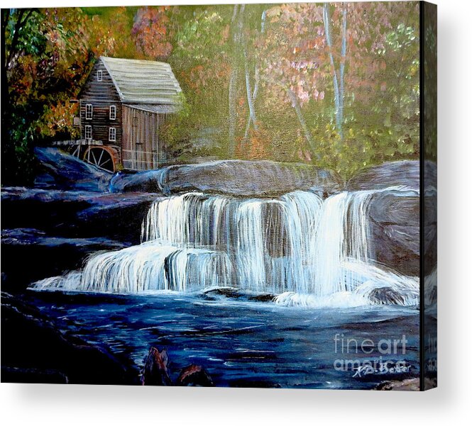 Glade Grist Mill Nature Scene Waterfall Cooper's Mill Babcock State Park Waterfalls Fayette County Waterfalls Landmarks National Treasure Old Grist Mills Fall Foliage Brown Blue River Rocks Waterfall In Two Tiers Peaceful Nature Scene Acrylic Paintings Acrylic Print featuring the painting Finding the Living Waters Original by Kimberlee Baxter