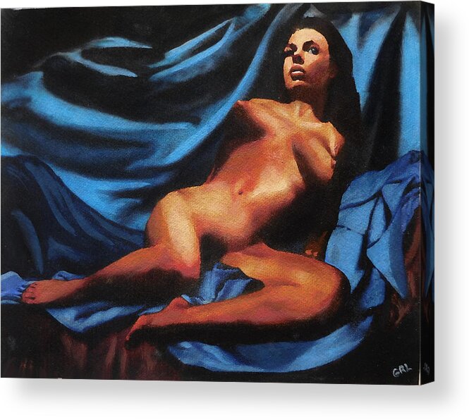 Original Acrylic Print featuring the painting Fine Art Nude Multimedia Painting Tanya Sitting Reclined on Blue by G Linsenmayer