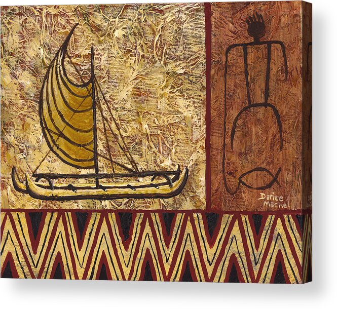 Hawaiian Petroglyphs Acrylic Print featuring the painting Fisherman and canoe by Darice Machel McGuire