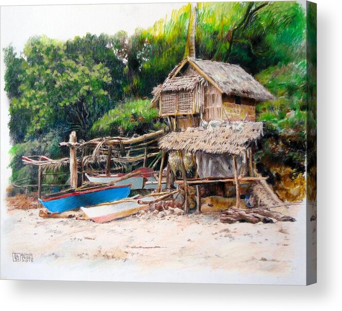 Davao Artist Paintings Acrylic Print featuring the painting Fisherman's Hut by Bong Perez