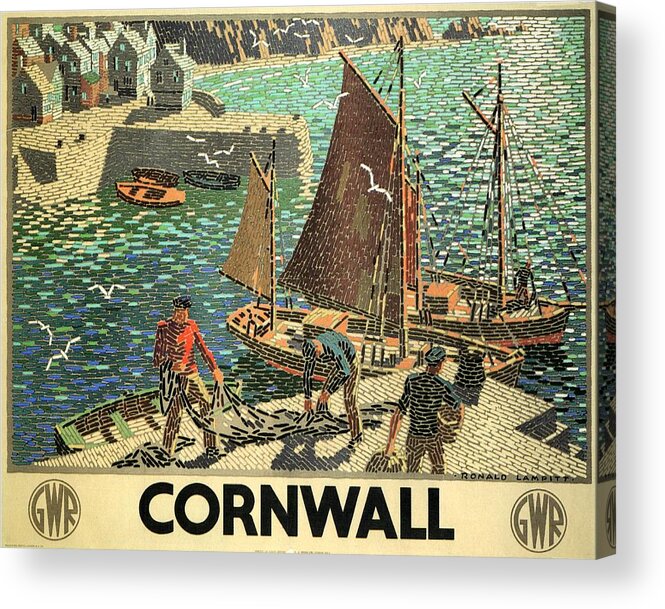 Cornwall Acrylic Print featuring the painting Fishing boats docked in a harbor with fishermen in Cornwall - Vintage Travel Poster by Studio Grafiikka