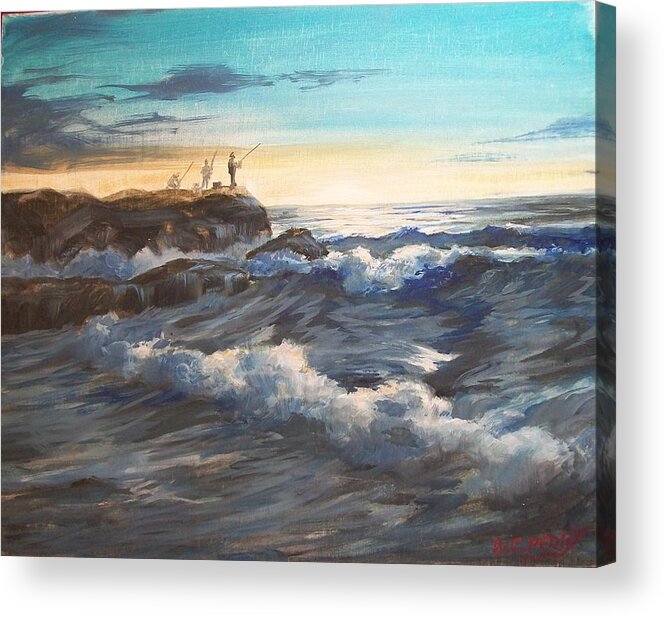 Impressionistic Acrylic Print featuring the painting Fishing off Point Judith R.I. by Perry's Fine Art