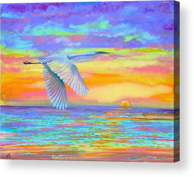 Sunrise Colors Egret Flying Over Ocean Acrylic Print featuring the painting Flight Of Color by Virginia Bond