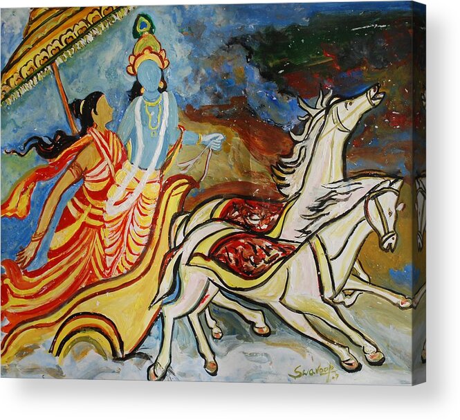 Paintings In Acrylics And Oils On ---indian Saints Acrylic Print featuring the painting Flight of Rukmini with Krishna by Anand Swaroop Manchiraju