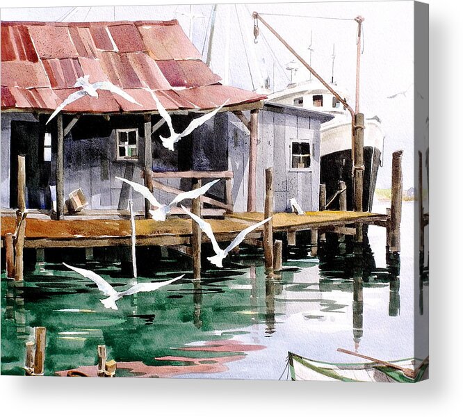 Sea Gulls And Dock Acrylic Print featuring the painting Fly Fishing by Art Scholz