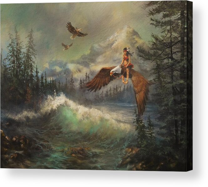 ; People Flying On Eagles Acrylic Print featuring the painting Flying On Eagles by Tom Shropshire