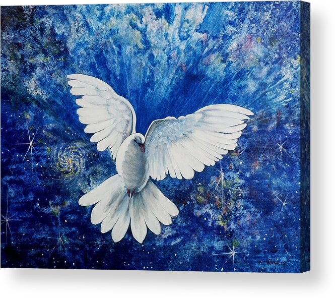 Space Acrylic Print featuring the painting Fourth Day Dove #1 by Vivian Casey Fine Art