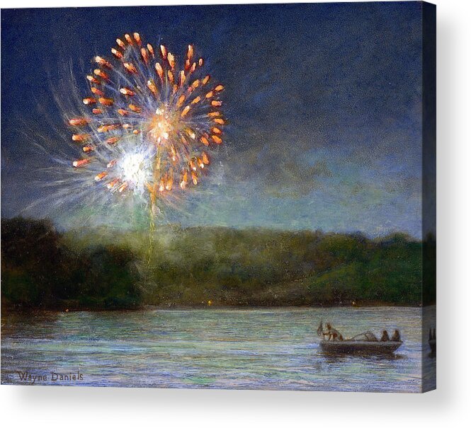 Fireworks Acrylic Print featuring the painting Fourth of July- Cazenovia Lake by Wayne Daniels