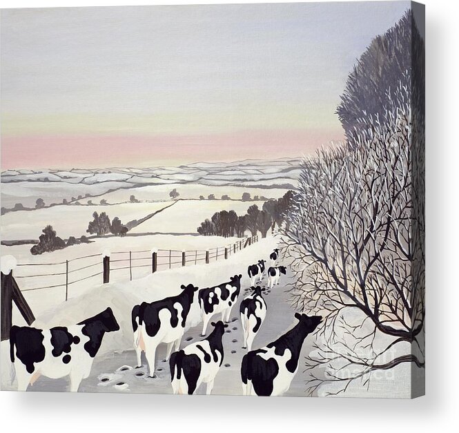 Fence Acrylic Print featuring the painting Friesians in Winter by Maggie Rowe