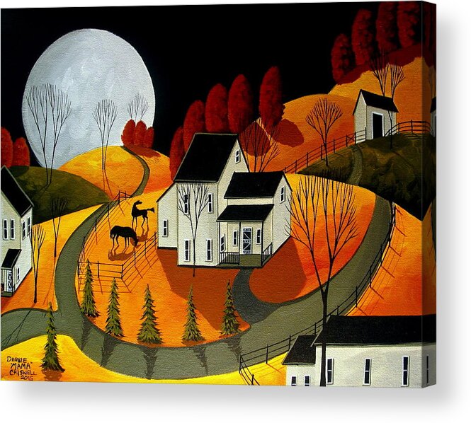 Landscape Acrylic Print featuring the painting Frisky Autumn Eve - a folkartmama - folk art by Debbie Criswell