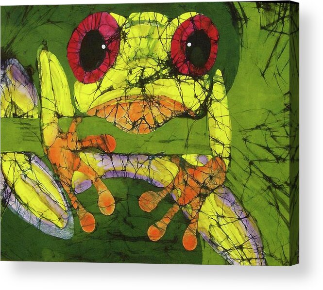  Acrylic Print featuring the tapestry - textile Frog on Gingko by Kay Shaffer