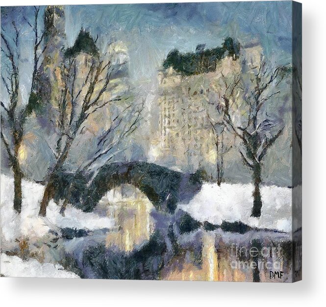 Cityscape Acrylic Print featuring the painting Gapstow Bridge in Snow by Dragica Micki Fortuna