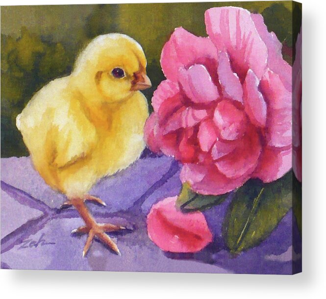 Baby Chick Acrylic Print featuring the painting Georgia and the Rose by Janet Zeh