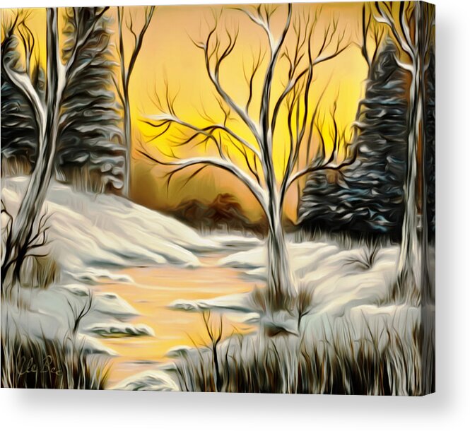 Winter Acrylic Print featuring the painting Golden Birch By Crystal Creek Winter Mirage by Claude Beaulac