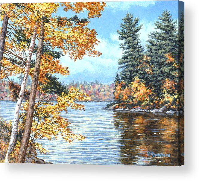 Autumn Acrylic Print featuring the painting Golden Lake by Richard De Wolfe
