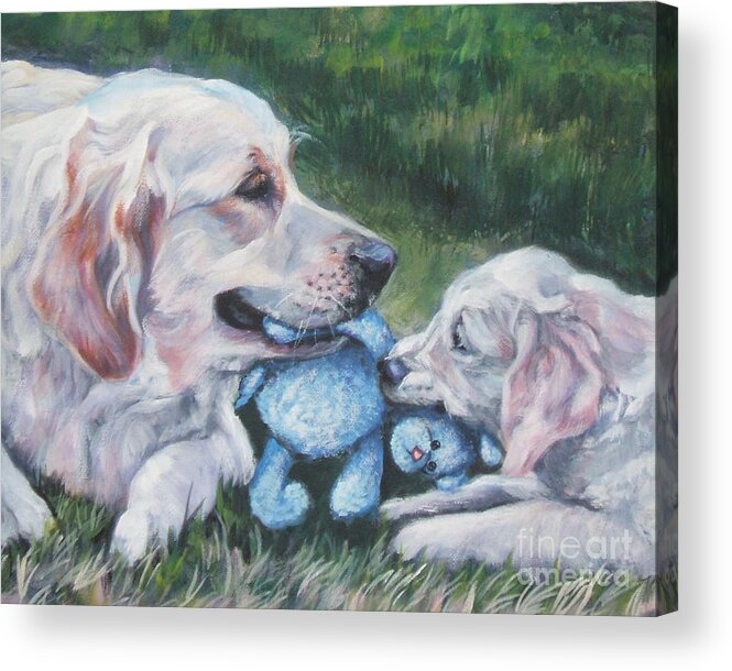 Golden Retriever Acrylic Print featuring the painting Golden Retriever tug of war by Lee Ann Shepard