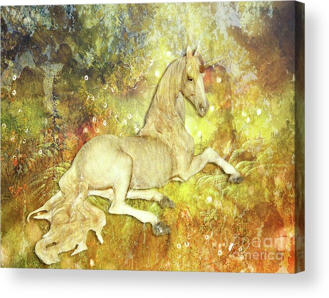 Unicorn Acrylic Print featuring the digital art Golden Unicorn Dreams by Digital Art Cafe