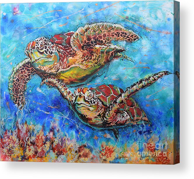 Marine Turtles Acrylic Print featuring the painting Green Sea Turtles by Jyotika Shroff