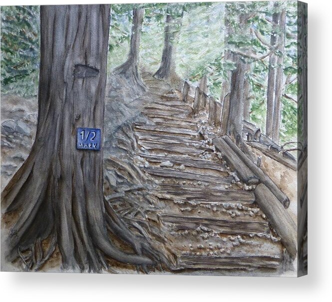 Mountain Acrylic Print featuring the painting Grouse Grind Trail half way point by Kelly Mills