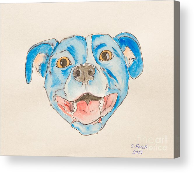 Dog Acrylic Print featuring the painting Happy dog blue by Stefanie Forck