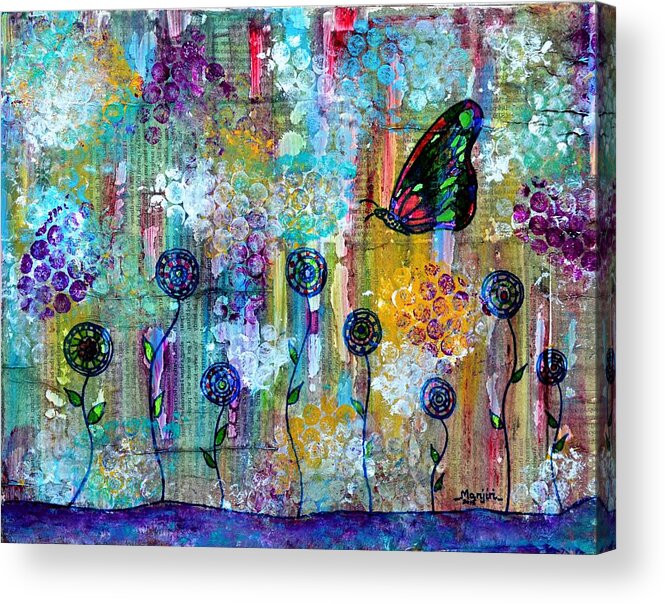 Butterfly Acrylic Print featuring the painting Happy Times Abstract with butterfly by Manjiri Kanvinde
