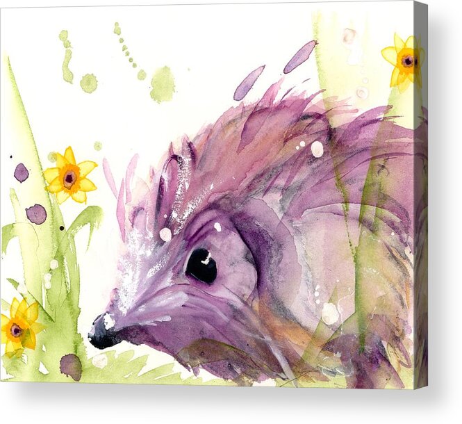Hedgehog Watercolor Acrylic Print featuring the painting Hedgehog In The Wildflowers by Dawn Derman