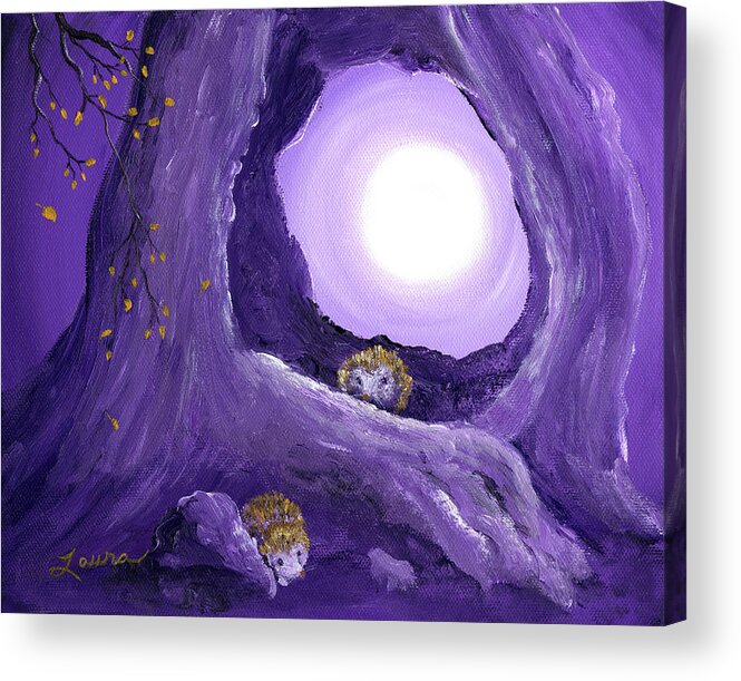 Painting Acrylic Print featuring the painting Hedgehogs in Purple Moonlight by Laura Iverson