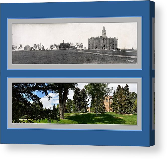 Historic Panorama Panoramic Reproduction Old New Now Then University Of Wy Wyo Wyoming Laramie Acrylic Print featuring the photograph Historic University of Wyoming Panoramic Reproduction Laramie by Ken DePue
