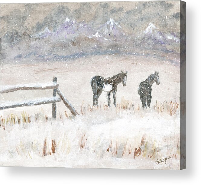 Horses Acrylic Print featuring the painting Horses in Snow by Sheila Johns