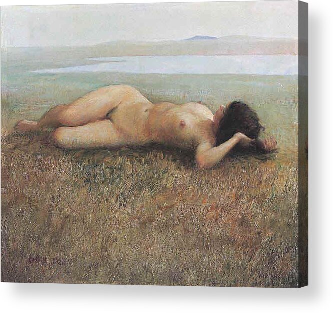 Nude Acrylic Print featuring the painting Hude On Grassland by Ji-qun Chen