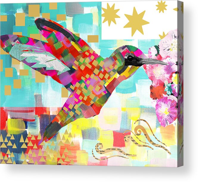 Humming Bird Collage Acrylic Print featuring the mixed media Humming Bird by Claudia Schoen