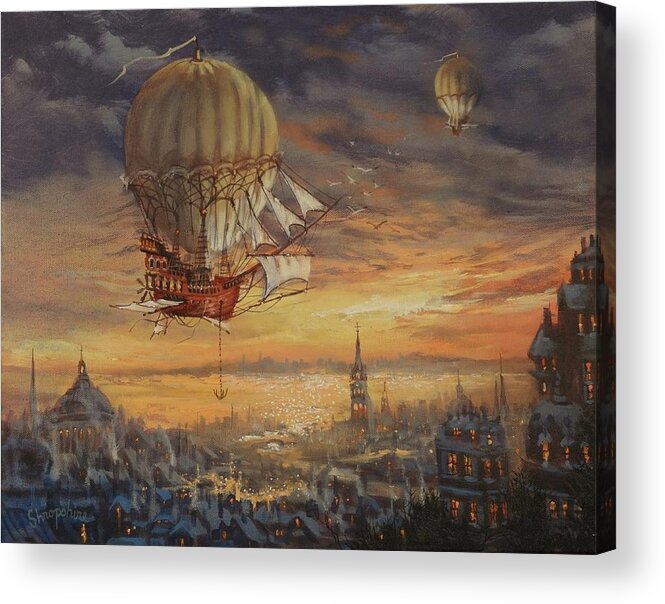 Airship Acrylic Print featuring the painting In Her Majesty's Service Steampunk Series by Tom Shropshire
