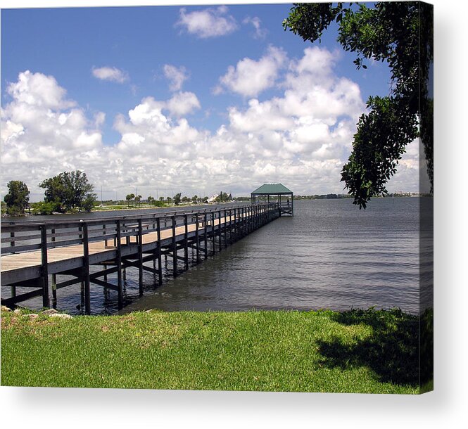 Indialantic; Pier; Florida; Brevard; Melbourne; Indian; River; Intercoastal; Waterway; Clouds South; Acrylic Print featuring the photograph Indialantic Pier On The Indian River Lagoon In Central Florida by Allan Hughes