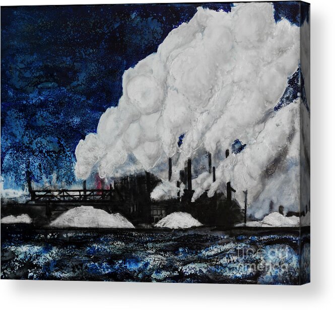 Encaustic Acrylic Print featuring the painting Industry at Night by Anita Thomas