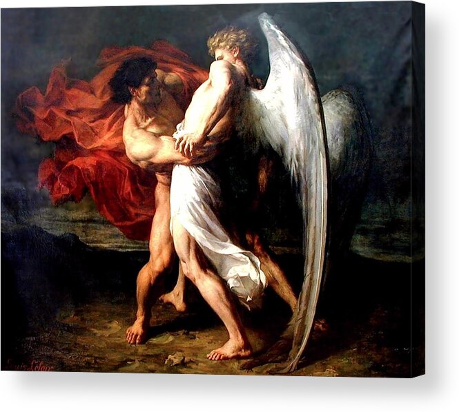 Jacob Wrestling With The Angel Acrylic Print featuring the painting Jacob Wrestling with the Angel by Alexander Louis Leloir