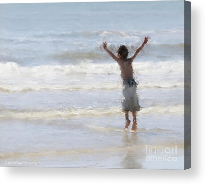 Little Boy Acrylic Print featuring the painting Joyful Jumping In The Ocean by Constance Woods